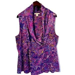 Coldwater Creek Women's Faux Wrap Vneck Tank Blouse Purple White Yellow Size 1X